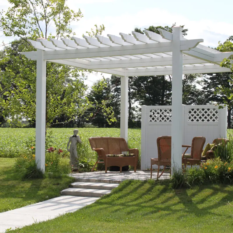 Outdoor pergola with wicker furniture