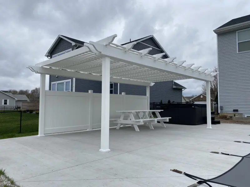 Outdoor pergola white fence installation