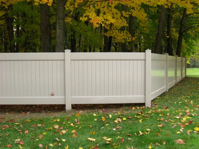 White PVC fence autumn leaves