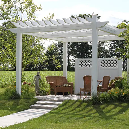 Outdoor patio pergola with furniture