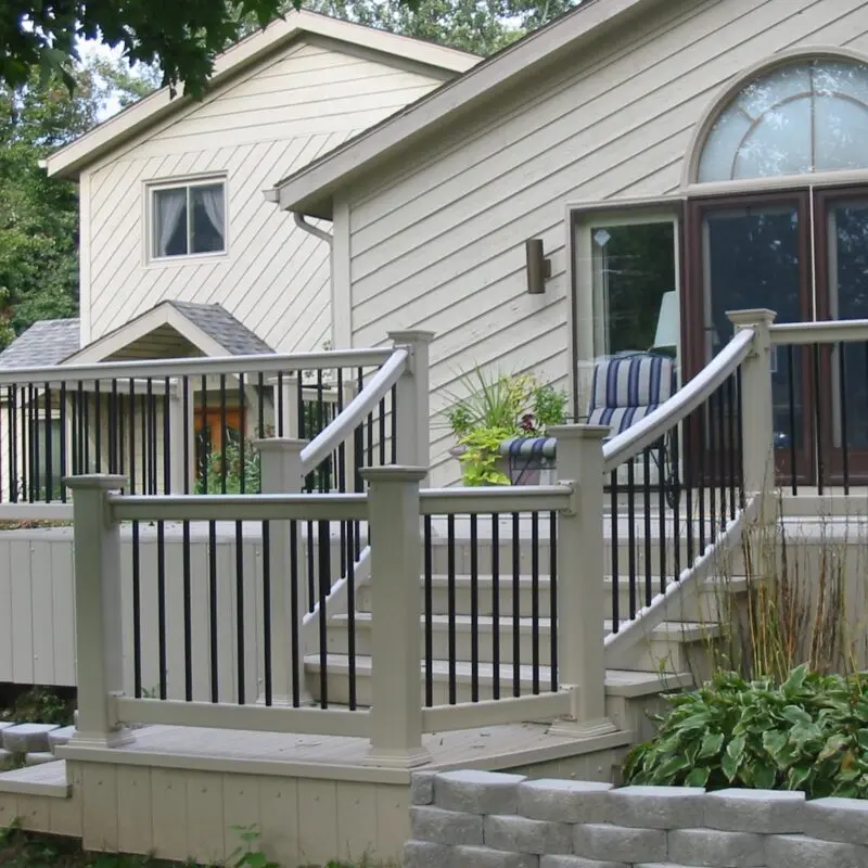 Wooden deck with black railing
